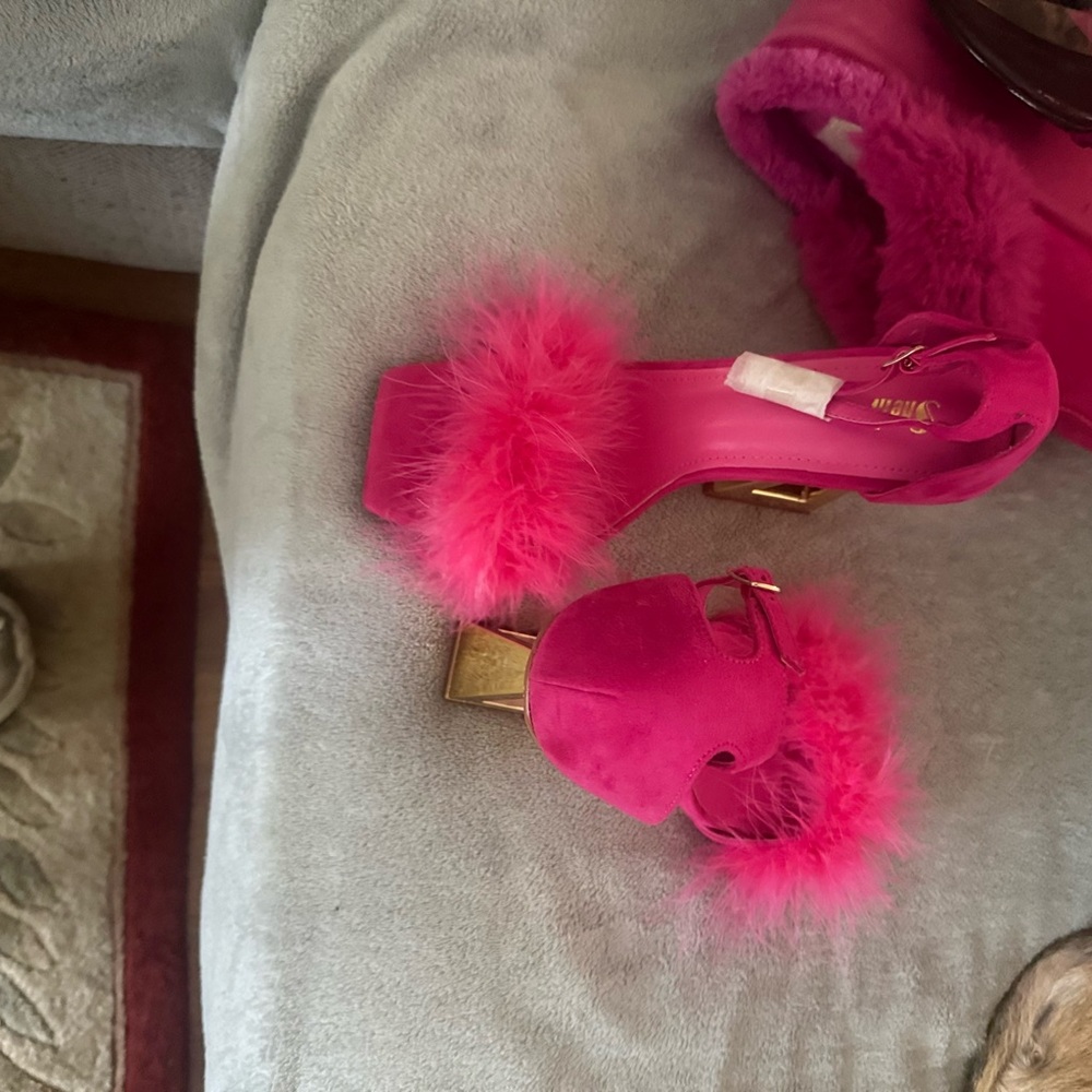 Fuchsia Feather-Trim Heeled Sandals